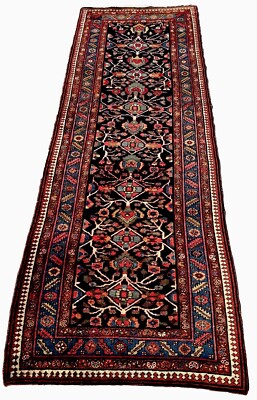 Lovely 3 X 9 Antique Kurdish Runner Rug Electric Tones Navy Aqua Peach Bronze
