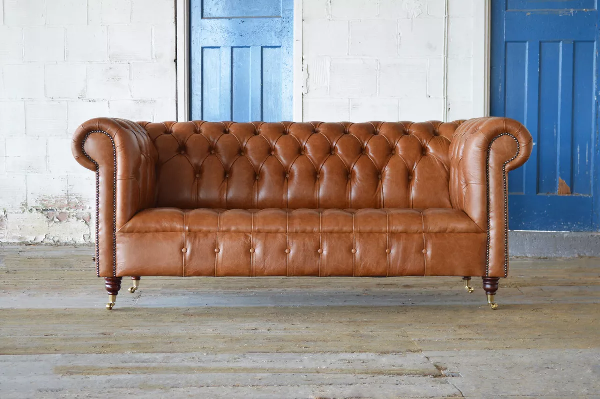 HANDMADE TRADITIONAL CLASSIC 3 SEATER TAN BROWN LEATHER