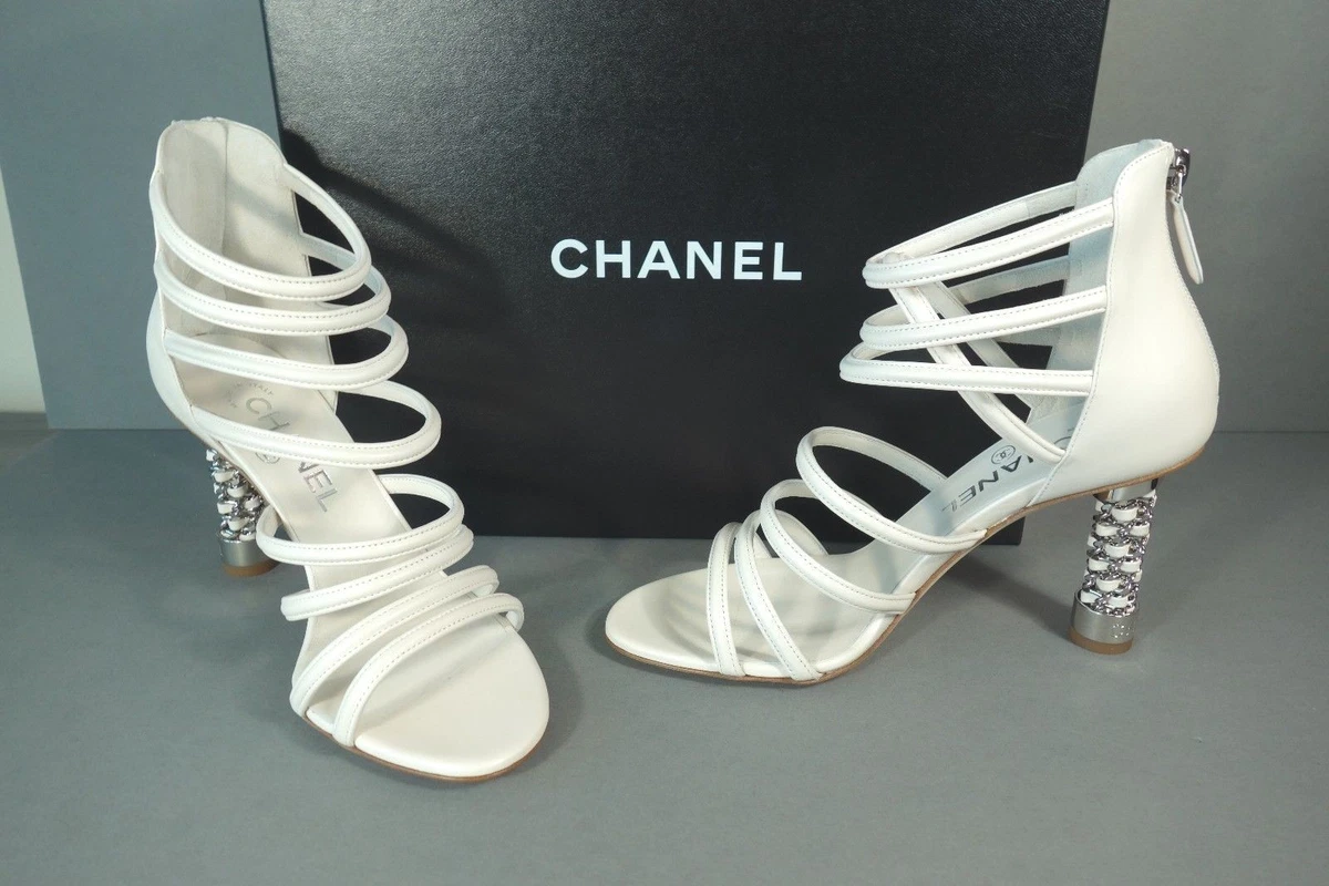 Chanel 37 White Cage Leather Silver Woven Chains Heels Sandals 