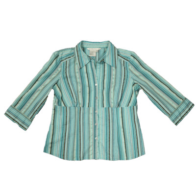 Fred David Striped Button Up Shirt 3/4 Sleeve Metallic Accent Blue Petite M