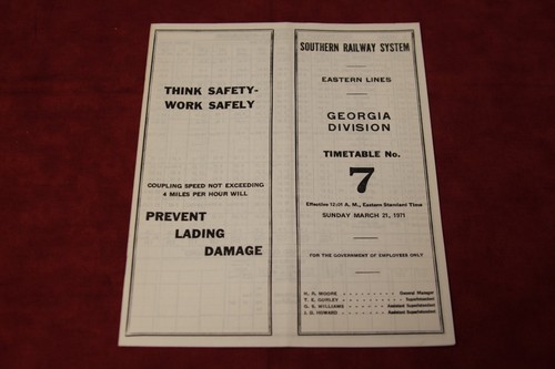 Southern Railway, Georgia Division Railroad Employee TimeTable, 1971