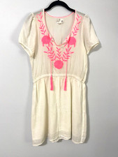 Boho Embroidered Tasseled Mini Dress Lined- cream pink flowers- small