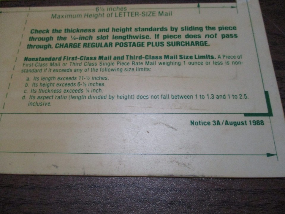 USPS Letter Size Mail Dimensional Standards Template, 1988 VINTAGE Post