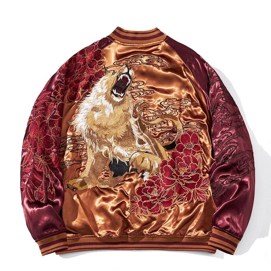 Men Souvenir Jacket Japanese Pattern Embroidery Lion