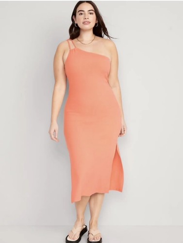 Old Navy Women's Size XXL Peach Fitted One-Shoulder Rib-Knit Midi Dress New