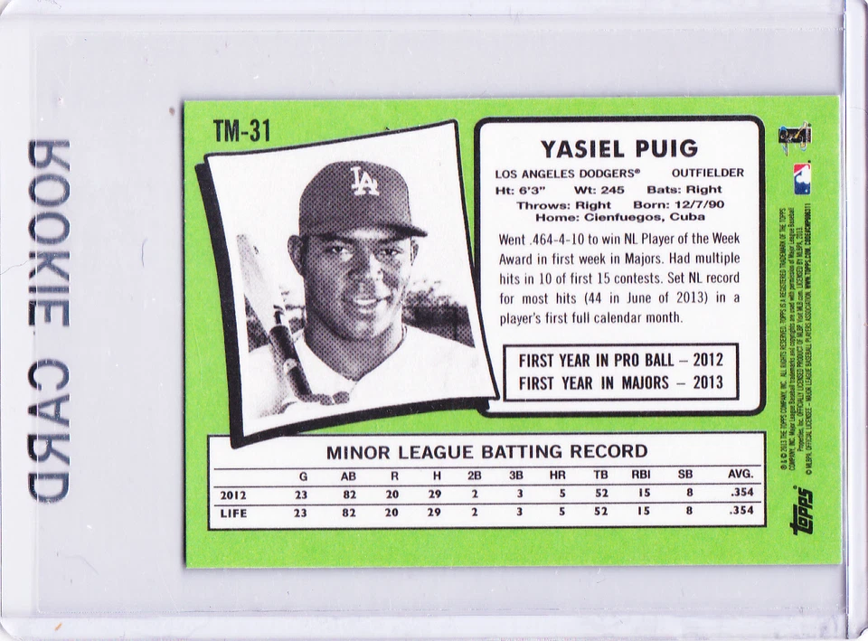 YASIEL PUIG RC Mini 2013 Topps DODGERS BASEBALL ROOKIE RC Card Los Angeles LE - Image 2 of 2