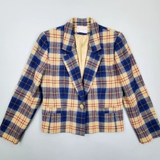 Vintage 70s 80s Pendleton Blue Tan Tartan Plaid Cropped Blazer Wool Size S/M