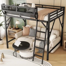 Queen Size Loft Bed with Ladder, Metal Queen Loft Bed with Storage Shelves