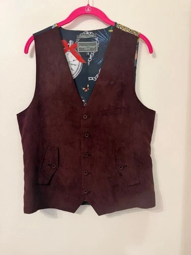 Paisley & Gray Mens M Slim Fit Vest Burgundy Faux Suede Pocket Watch Bird Print - product listing photo