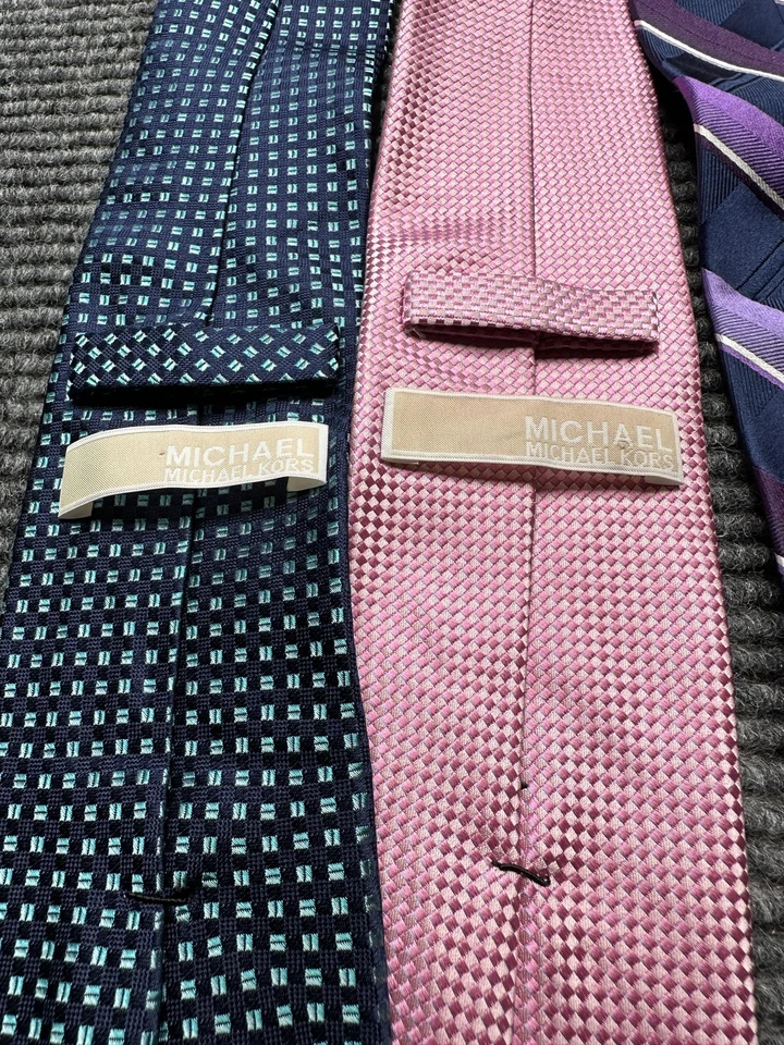 Lote de 4 corbatas Michael Michael Kors para hombre seda azul marino púrpura rosa a cuadros a cuadros Foto 4 de 4