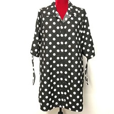 black and white polkadot shirt dress, women size L, 1/2 sleeve button down dress