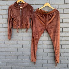 NEW Velour Track Suit Set L Crop Hoodie  Jogger Ankle Drawstring Active Pants