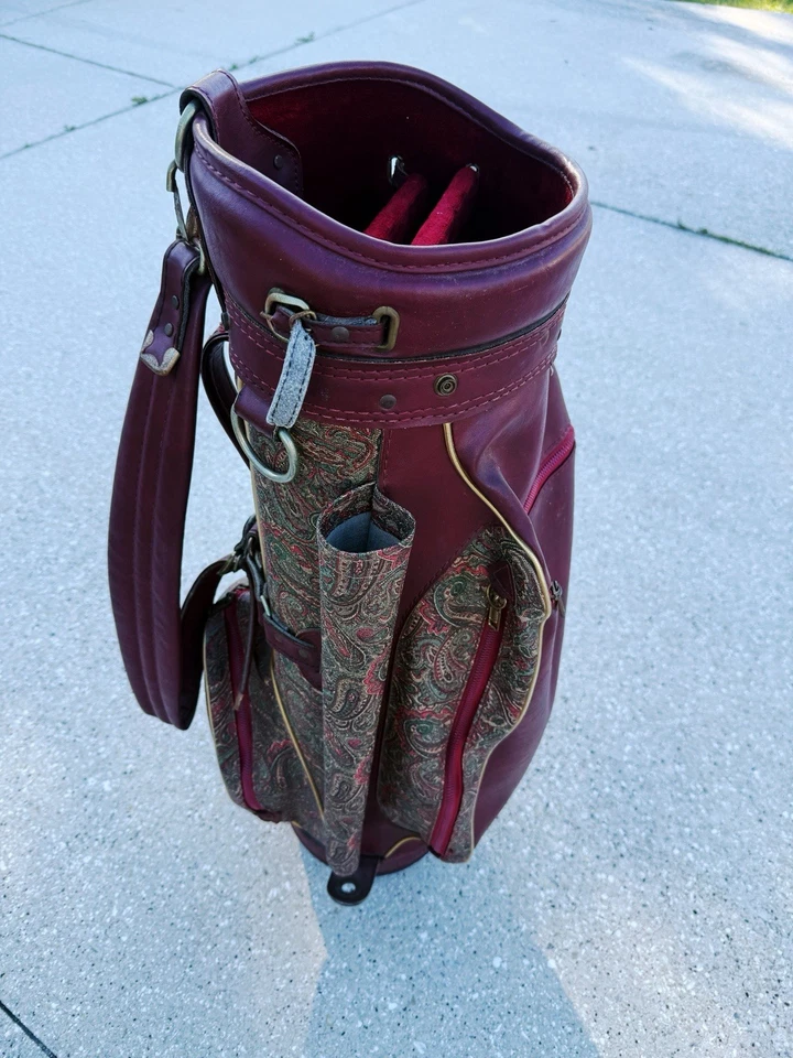 Vintage Hot-Z Leather/canvas Golf Bag Burgundy and Paisley USA Made 6-way  - Image 2 of 4