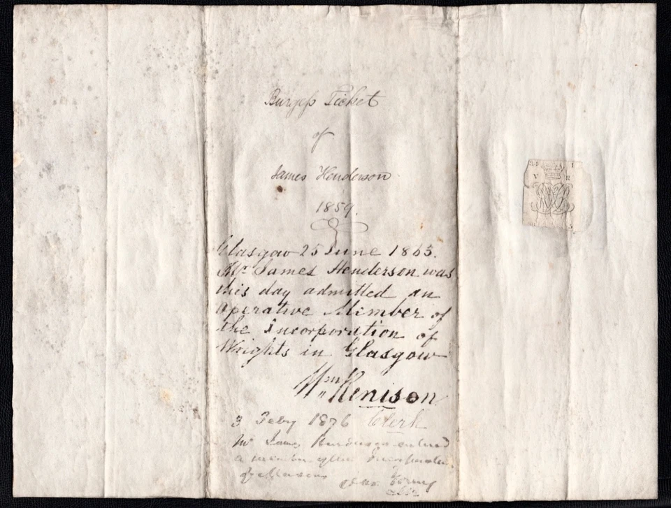 1858 Glasgow Freeman & Guild Brother Certificate - Burgess Ticket to Carpenter - Image 2 of 2