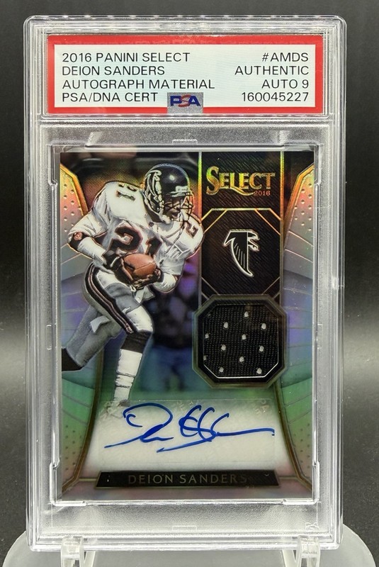 2016 Panini Select Deion Sanders 5/5, PSA /DNA Auto 9, Game Used Patch/Auto