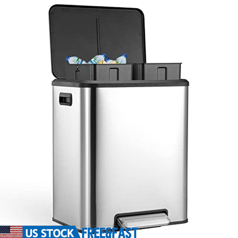 Dual Compartment Trash Can Stainless Steel Kitchen Bin W/ Foot Pedal 8 Gallon US