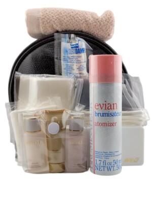 ANA Business Class Amenity Toiletry Kit Brown Bag w/ Vintage Evian Atomizer New