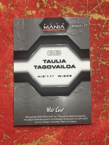 2024 Wild Card Auto Mania American FB Taulia Tagovailoa Rookie RC Firework 1/1 - Picture 3 of 3