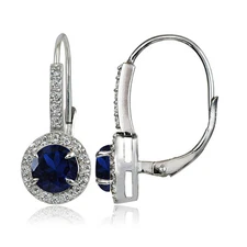 925Silver 1.85ct Created Blue Sapphire & White Topaz Round Leverback Earrings