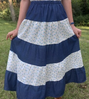 Girl skirt tiered floral pink denim jean blue cotton long full modest sz L  12 14