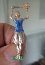Super Kunst Deko Sterlingsilber & Emaille Damen Tennis Player Brosche C 1920/30s
