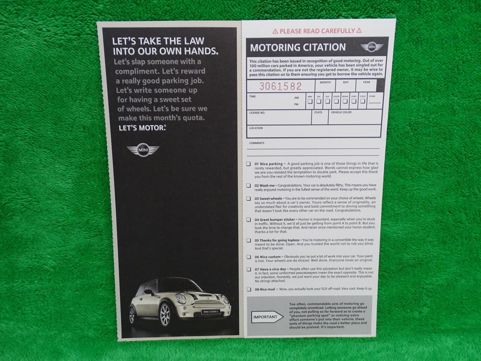 MINI Cooper AD Magazine R50 R52 R53 - Motoring Citation Ticket Take Law  Hands | eBay