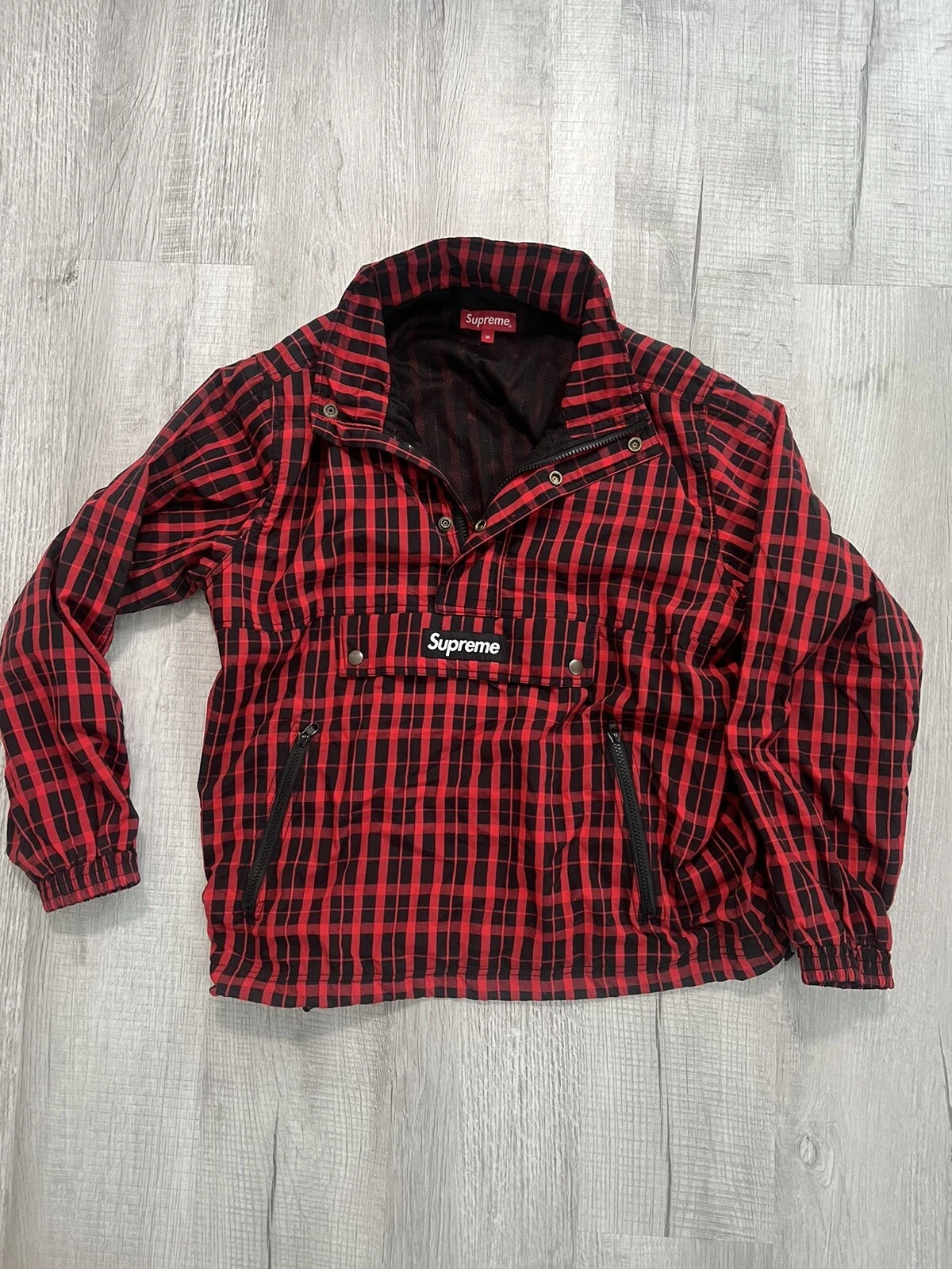 VESTE PULL ROUGE À CARREAUX NYLON SUPRÊME NEUVE TAILLE M FW18 BOGO BOÎTE LOGO KANYE
