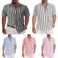Mens Stripe Shirt Button-down Loose Blouse Tops Lapel Short Sleeve Shirts NEW