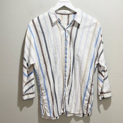 GERRY WEBER EDITION Women s White Multi Stripe Side Button Lagenlook Shirt Med