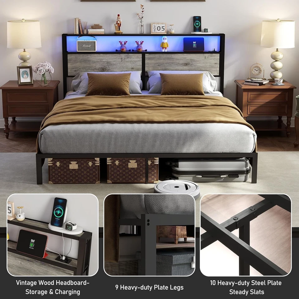 King Size Bed Frame with Charging Storage Headboard, Metal Platform Rustic Grey - Image 2 of 4