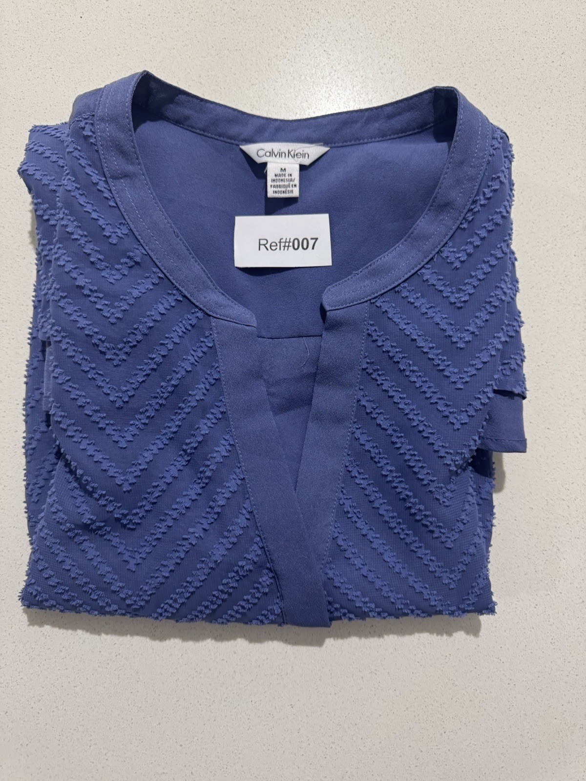Calvin Klein Blue Chevron Textured Split Neck Long Sleeve Blouse Womens M image 7