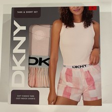 DKNY Women  s Tank  Short Set Sz Medium Pink White Plaid Print Ribbed Cozy New