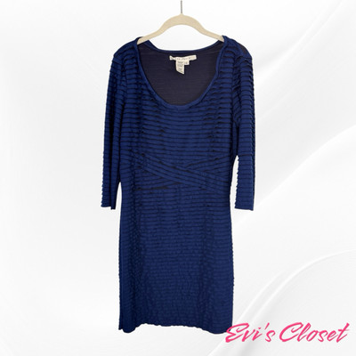 Max Studio Women's Blue Knee Length Dress Eyelash Long Sleeve Scoop Neck Size XL