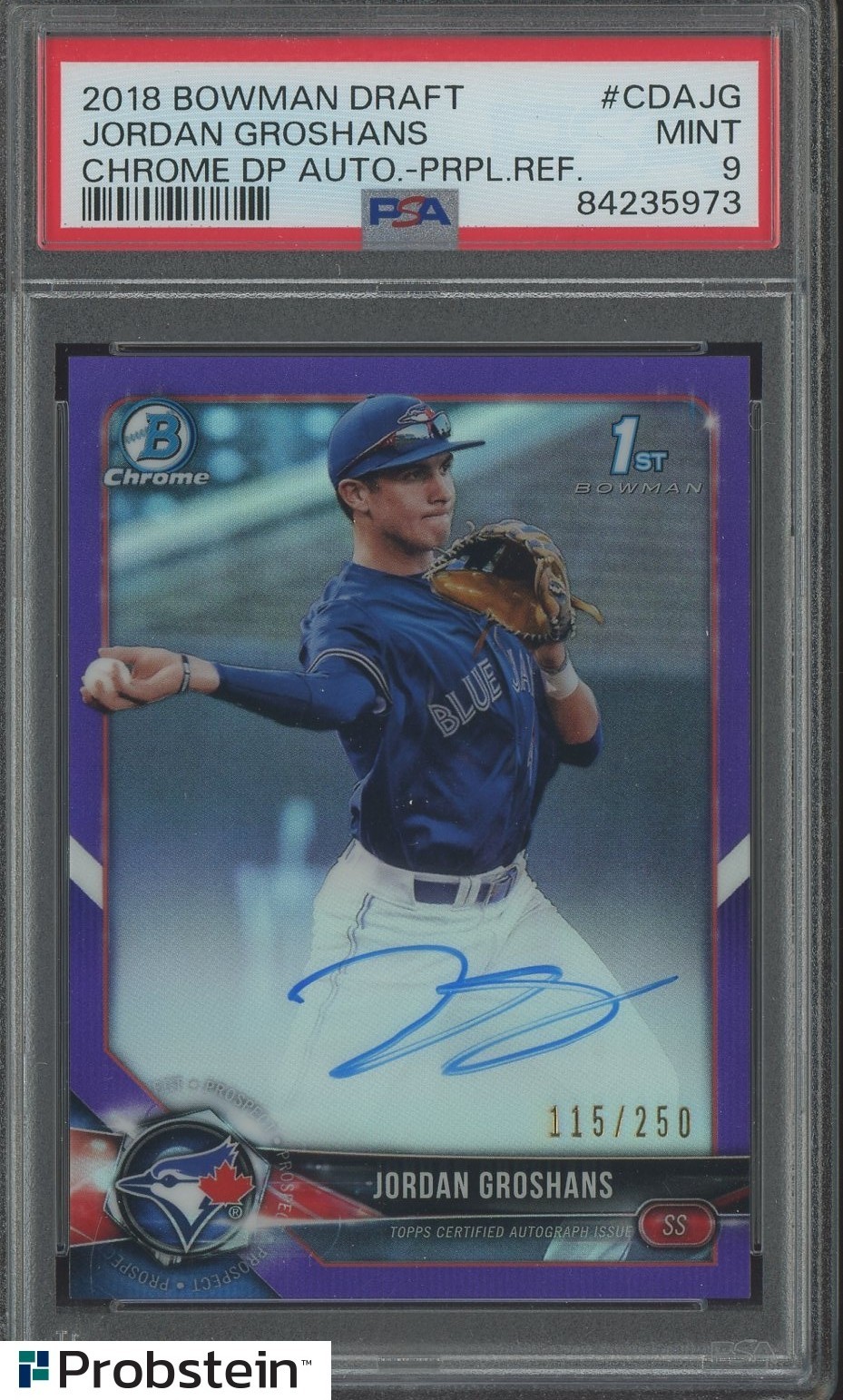 2018 Bowman Chrome DP Purple Refractor Jordan Groshans RC Rookie AUTO /250 PSA 9