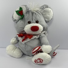 Vintage Fisher-Price Puffalump Gray Christmas Mouse 12" Plush 1987 w/ Candy Cane