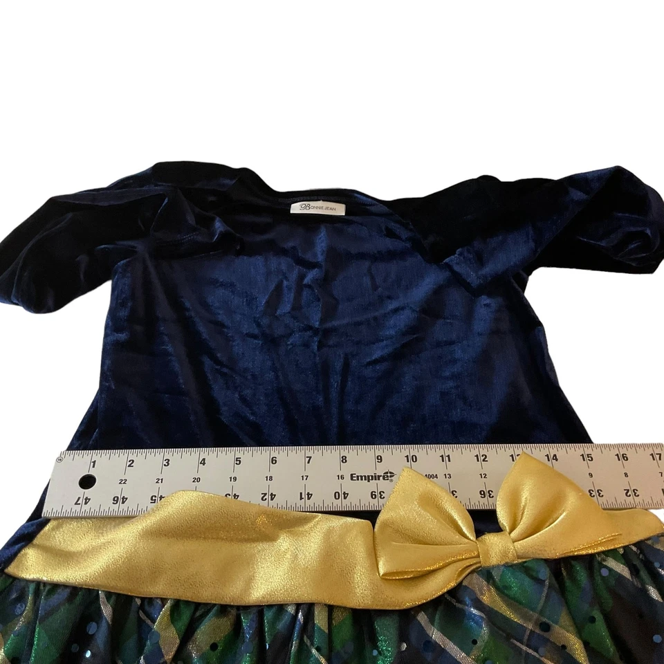 Bonnie Jean Youth Girls 14.5 Navy Blue Velvet Dress Holiday Gold Bow Plaid Shiny - Image 4 of 4