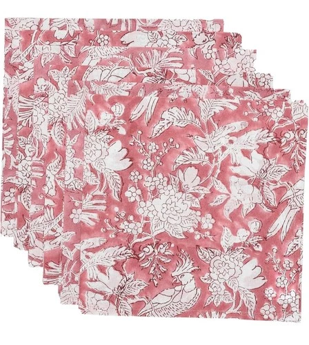 CPC Cotton 18"x18" Indian Block Print Cloth Napkins Set, 6 Count Pink Coral -NEW