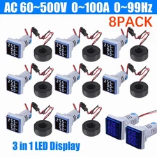 8pcs AC 60-500V 0-100A 22mm 3 in 1 Voltmeter Ammeter LED Digital Volt/AMP Meter