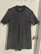 Dress Women's Black Silver Metallic Knit Crew Neck Short Sleeve Sweater Size S