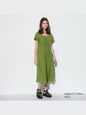 Uniqlo Women Linen Midi Dress Medium Green Fit Flare Cottage Minimalist