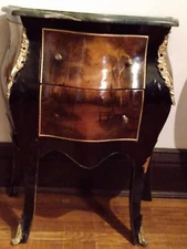 PAIR FRENCH LOUIS XV STYLE BOMBE CHEST 28h 23w 13d BRONZE MOUNTS DREAMY SCENES