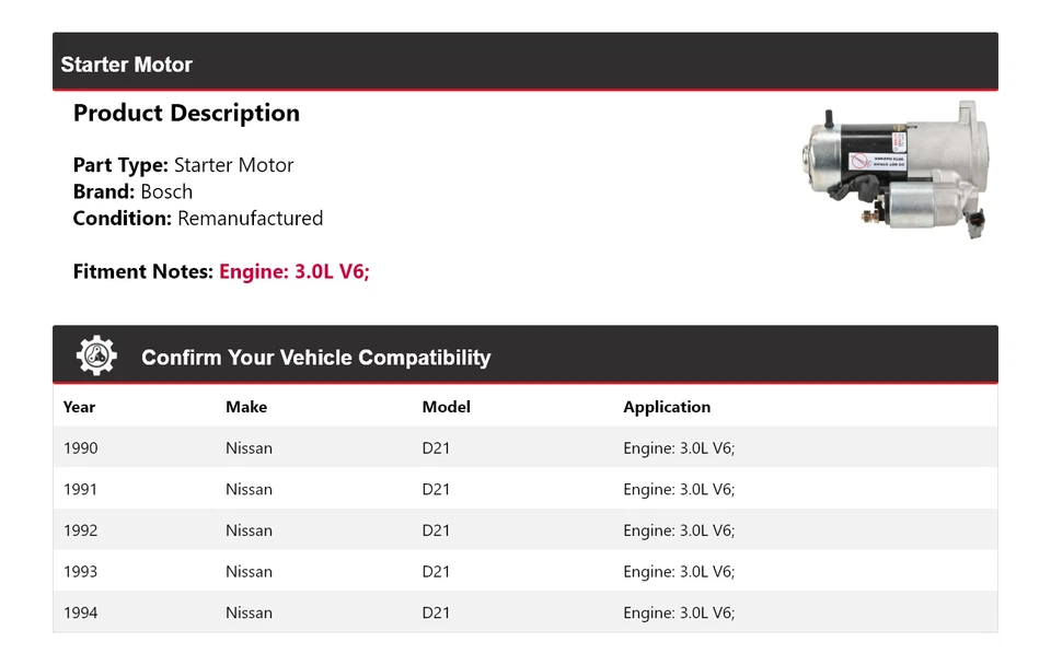Стартер (восстановленный) для Nissan D21 3,0 л V6 Bosch 1990-1994 годов выпуска 1991 1992 1993 годов выпуска - Изображение 2 из 4