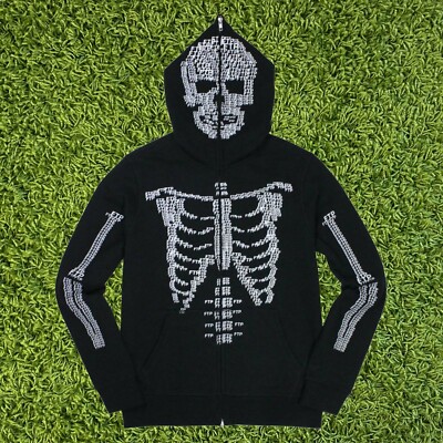 skeleton rhinestone full zip moletom com capuz