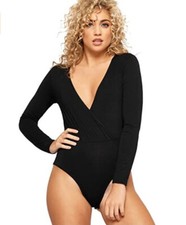 Women's V-Neck Plunge Bodysuit Ladies Long Sleeves Leotard Wrap Over Top UK 8-14