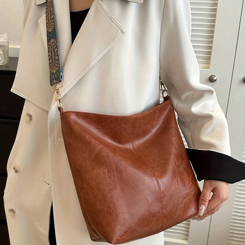Women's Medium Brown PU Leather Minimalist Shoulder Handbag Ethnic Strap Retro - Image 4 of 4