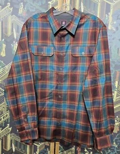 Swiss Tech Shirt Men's 2XL Brown/Teal/Red Plaid LongSleeve Button Up Pockets 1-7