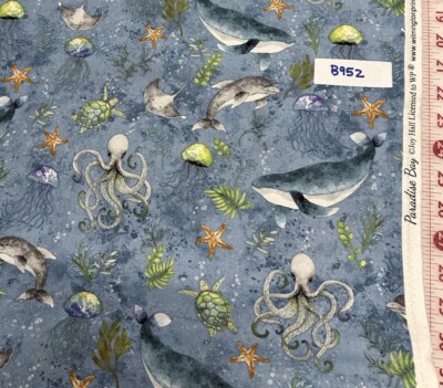Paradise Bay Whales & Rays & Such Cotton Quilt Craft Fabric Half Yard Wilmington