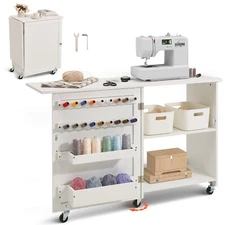 Uimoso Folding Sewing Table with Lockable Wheels Storage Shelves Trays Door