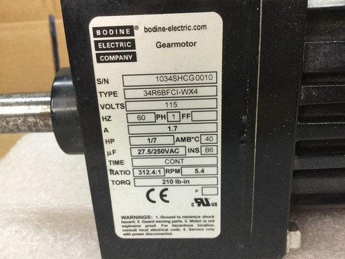 BODINE 34R6BFCI-WX4 115VAC GEARMOTOR 1/7 HP 5.4 RPM 312.4:1 RATIO NEW NO BOX - Picture 2 of 5