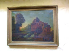 Victorian 1800s Oil Painting Old Mill Scene Original Frame 28.5 x 23 Antique